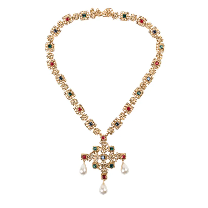 Antique Gold Multicolor Drop Pendant Necklace sold by Kenneth Jay Lane