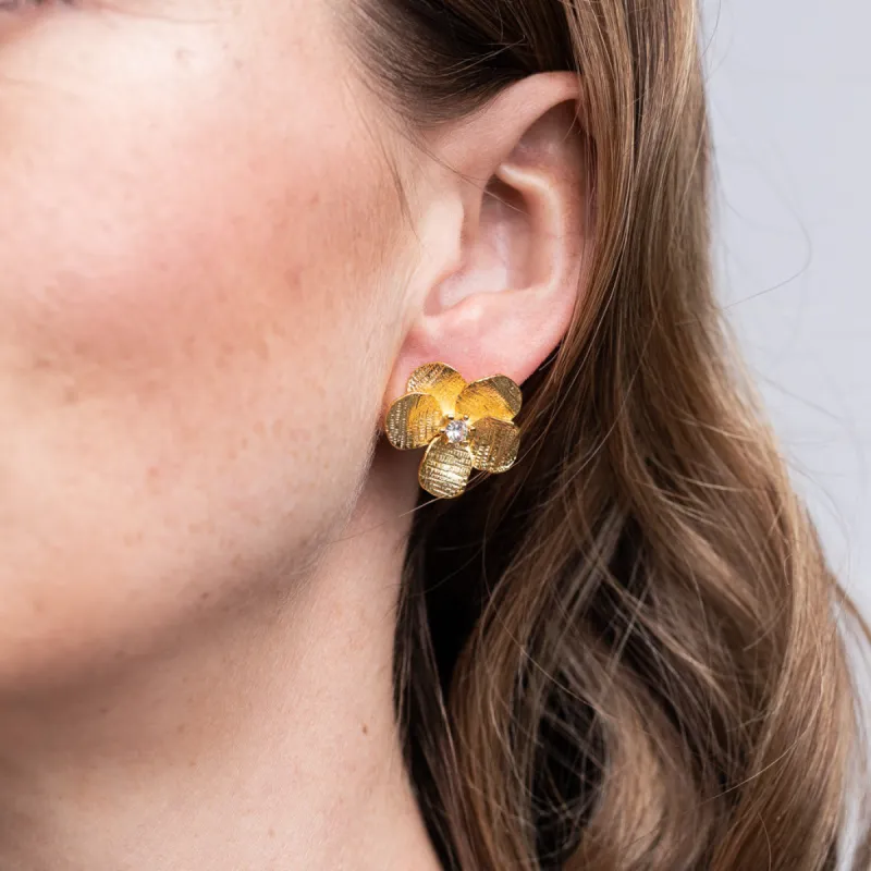 Gold with Crystals Flower Pierced Earrings sold by Kenneth Jay Lane