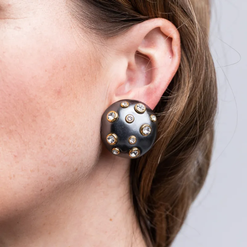 Grey Pearl Domed Gold Clip Earrings with Crystals sold by Kenneth Jay Lane