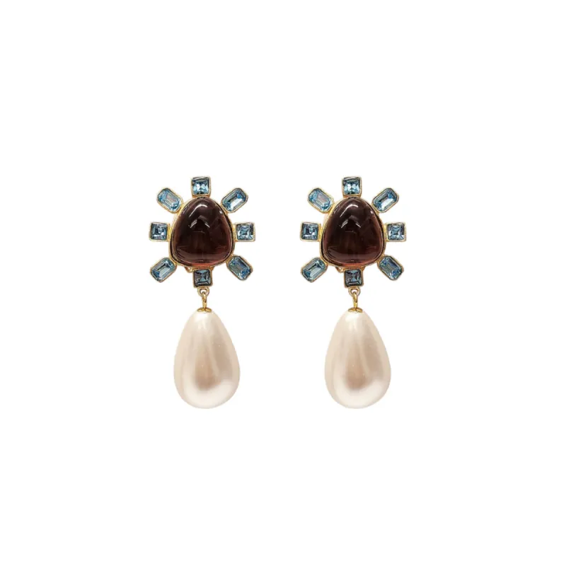 Aqua and Amethyst Cabochon Center Pearl Drop Clip Earring sold by Kenneth Jay Lane
