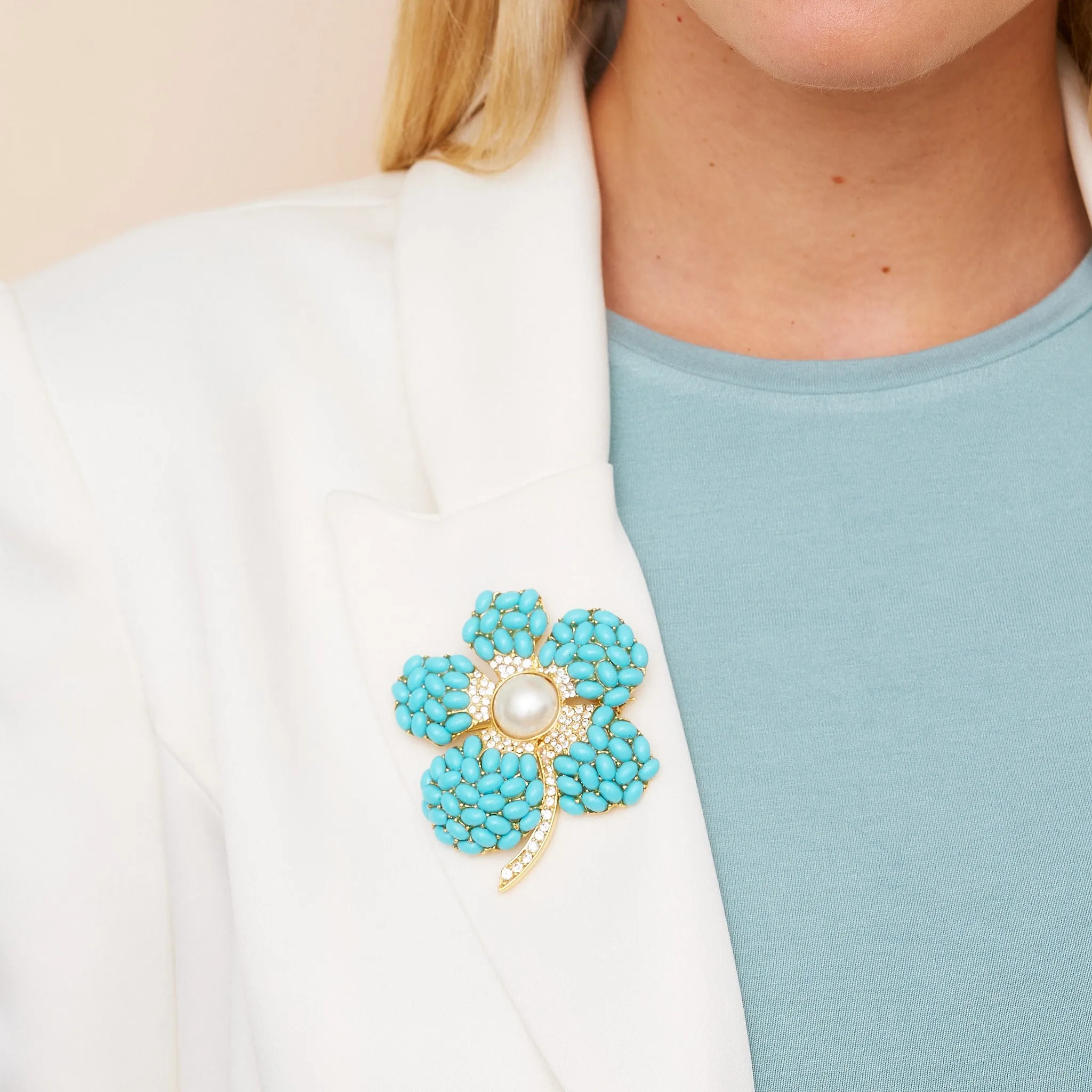 Turquoise & Pearl Flower Pin sold by Kenneth Jay Lane product image thumbnail 2