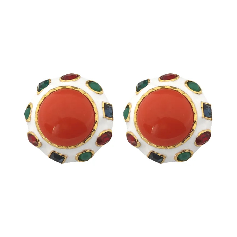 Gold Multicolored Gemstone With Coral Cabochon Earring sold by Kenneth Jay Lane