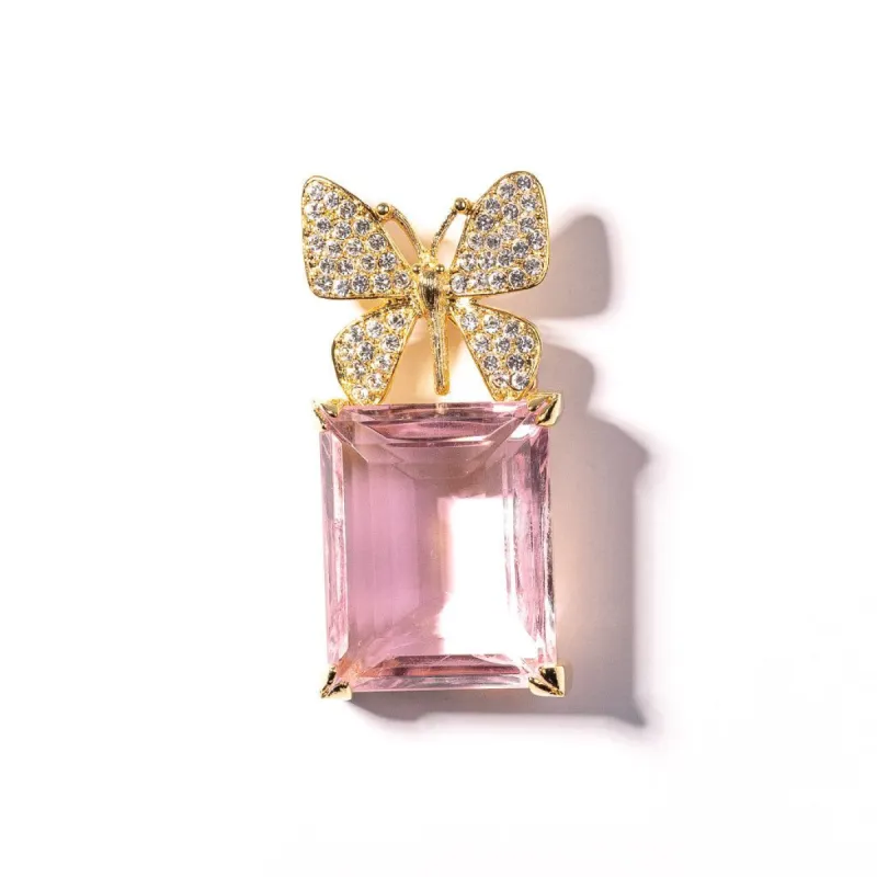 Pink Rose Square Stone Pin with Crystal Butterfly sold by Kenneth Jay Lane