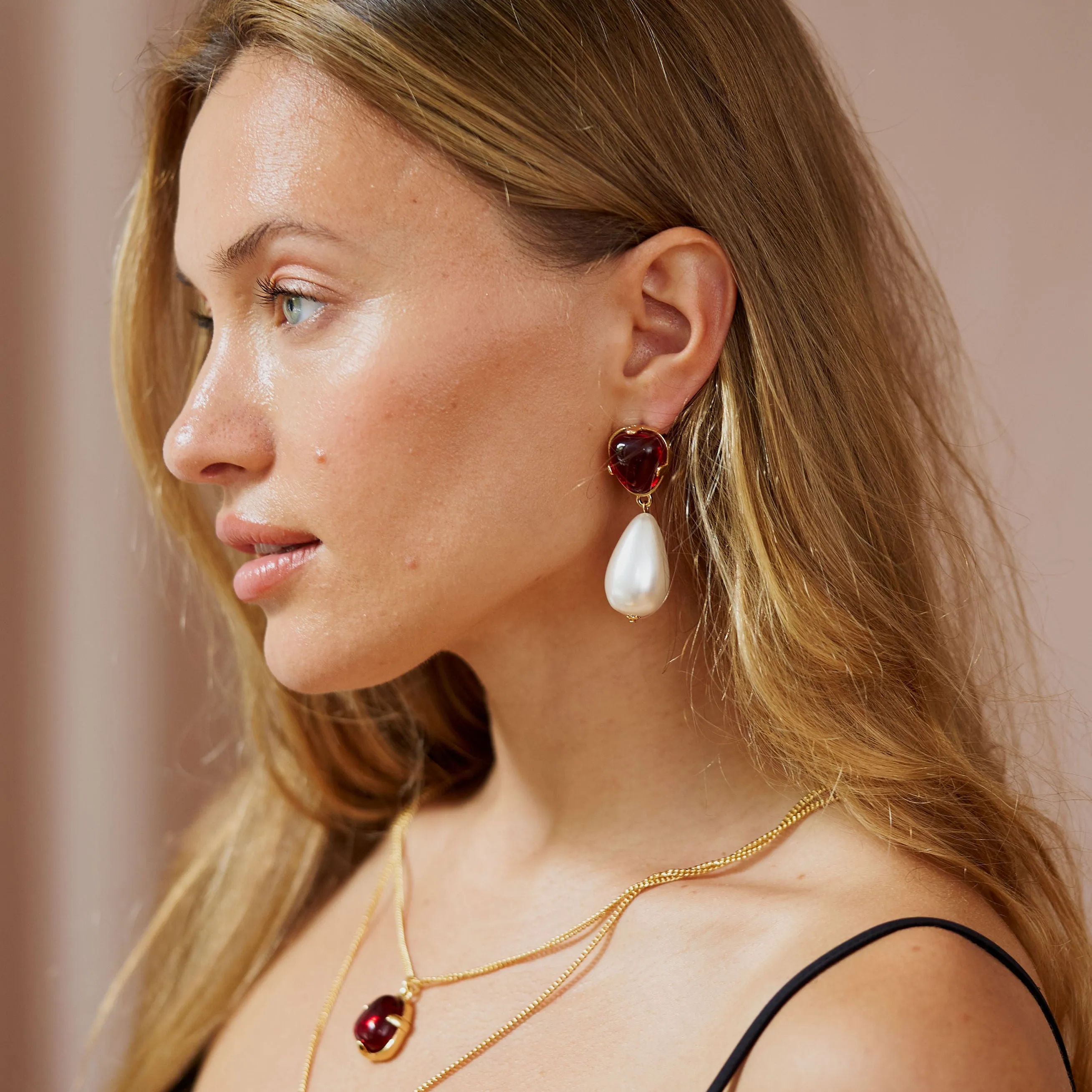 Ruby & Pearl Drop Pierced Earrings sold by Kenneth Jay Lane product image thumbnail 2