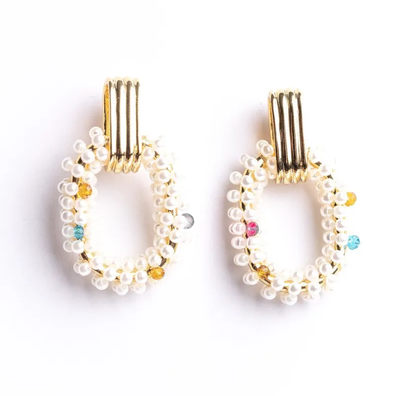 White Pearl and Pastel Beads Doorknocker Earring sold by Kenneth Jay Lane