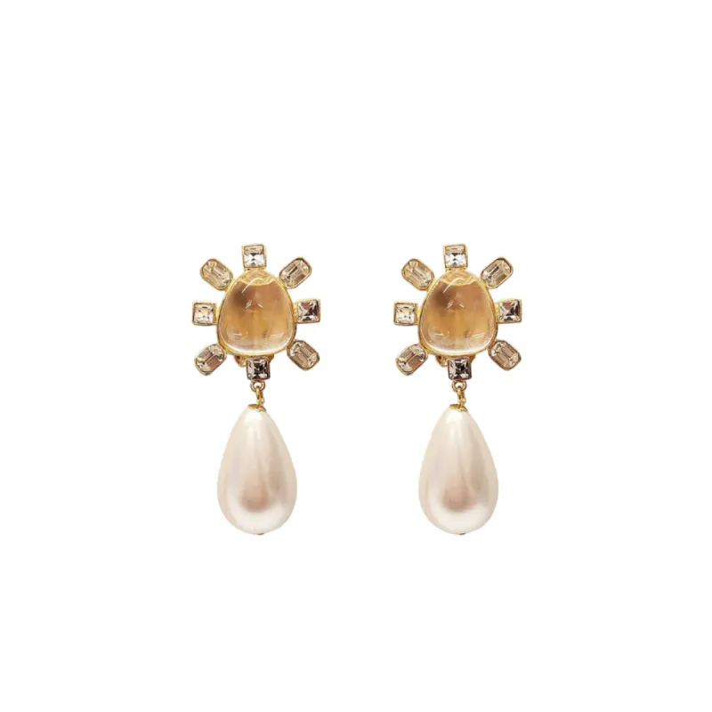 Clear Crystal Cabochon Center Pearl Drop Clip Earring sold by Kenneth Jay Lane