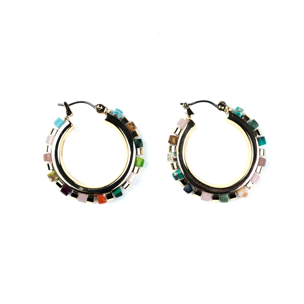 Gold Hoop Earrings with Multicolored Stones sold by Kenneth Jay Lane