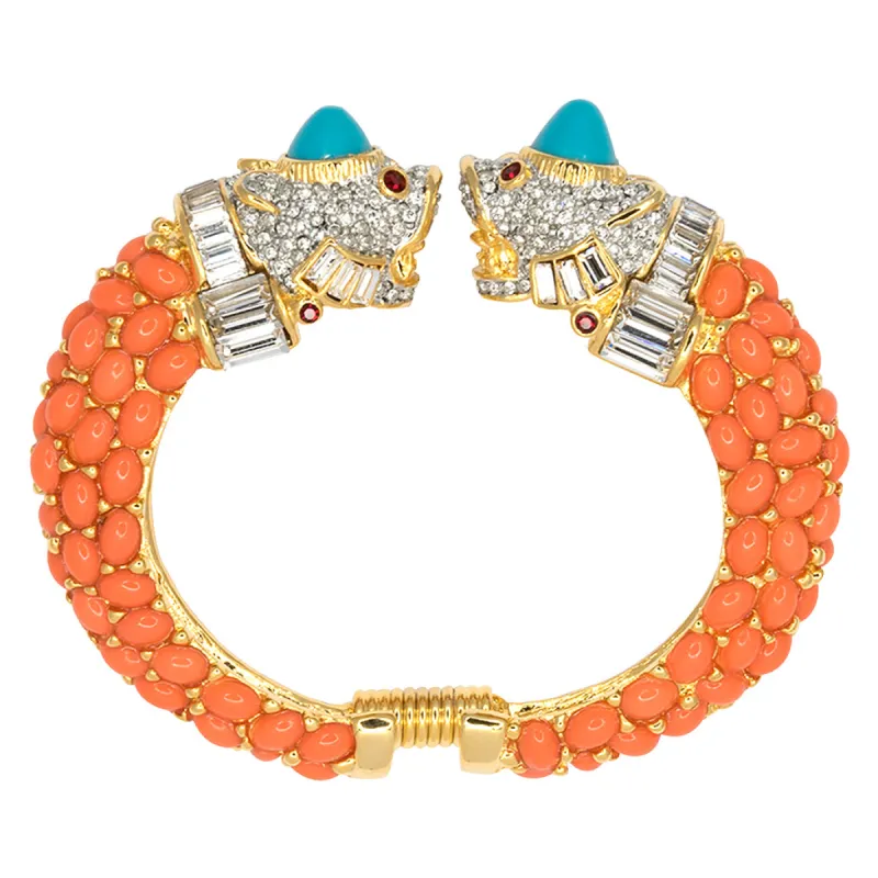 Coral & Turquoise Cabochon Fish Head Bracelet sold by Kenneth Jay Lane