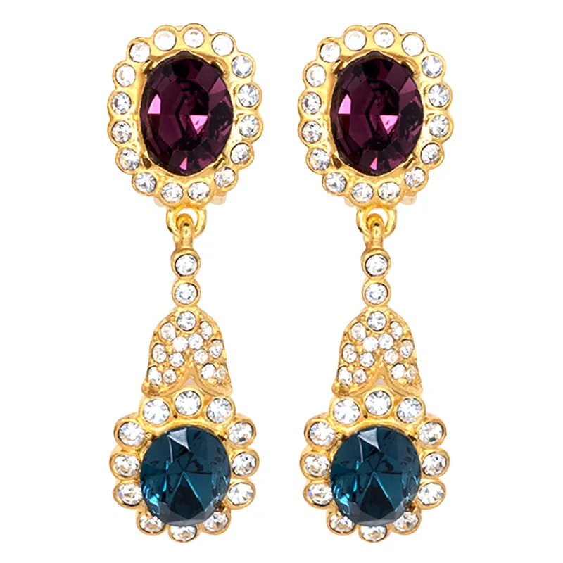 Gold, Crystal & Sapphire Drop Clip Earrings sold by Kenneth Jay Lane