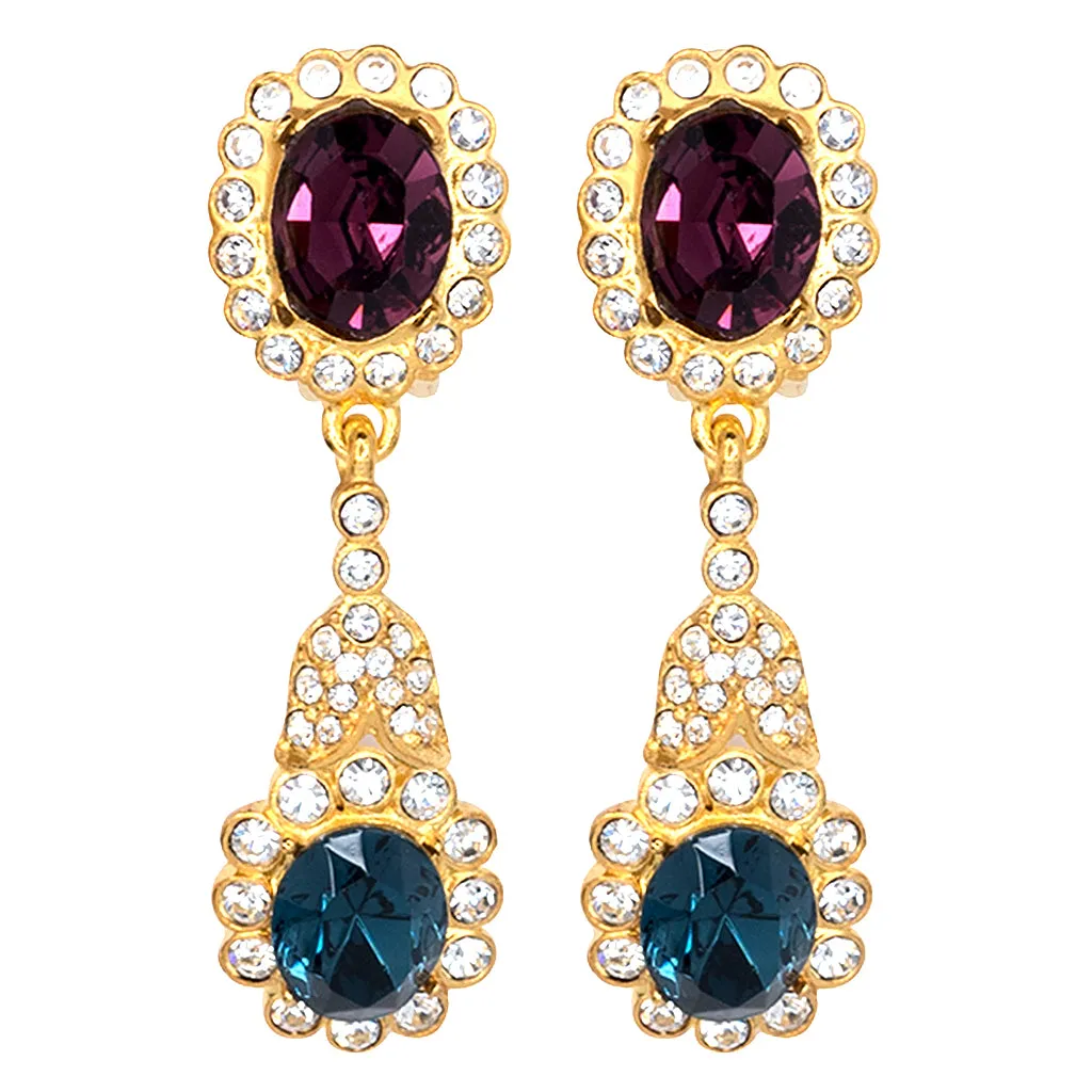Gold, Crystal & Sapphire Drop Clip Earrings sold by Kenneth Jay Lane