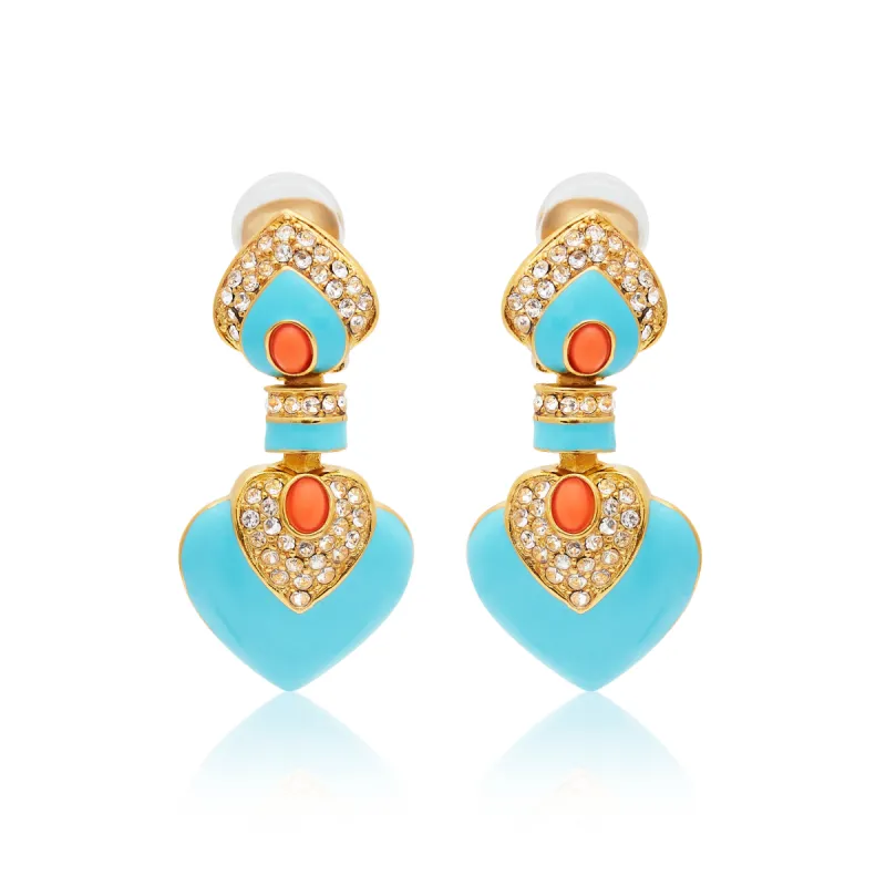 Turquoise & Coral Heart Drop Clip Earrings sold by Kenneth Jay Lane