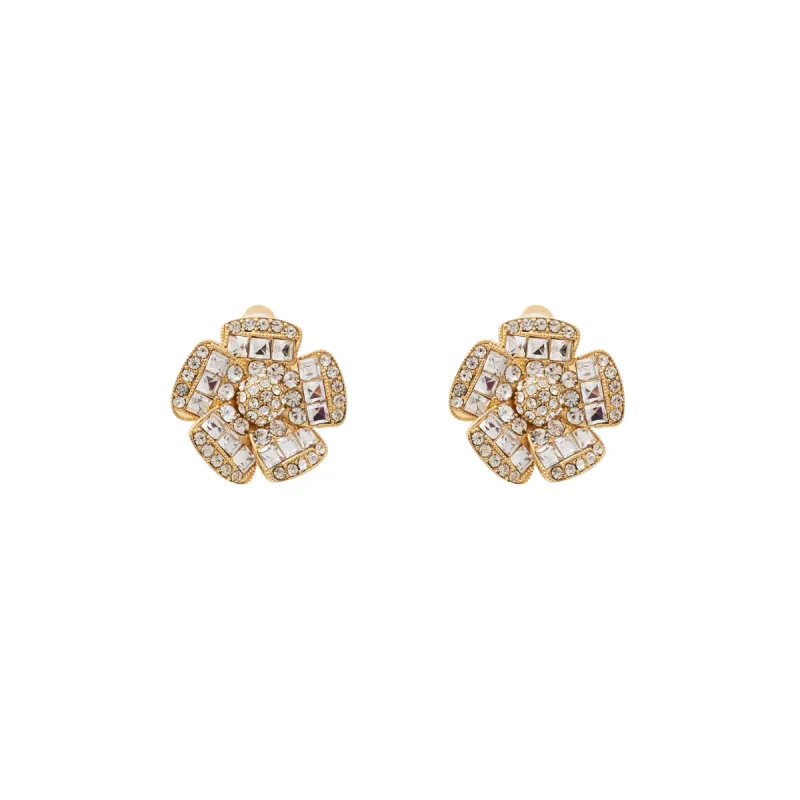 Gold & Rhinestone Flower Clip Earrings sold by Kenneth Jay Lane
