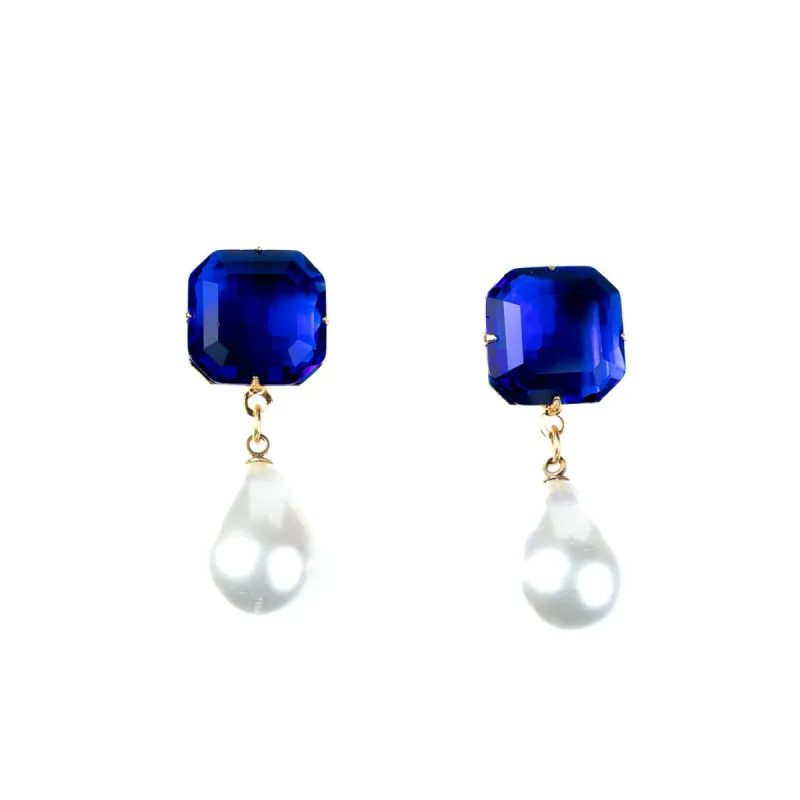 Sapphire Stone Pearl Drop Pierced Earrings sold by Kenneth Jay Lane