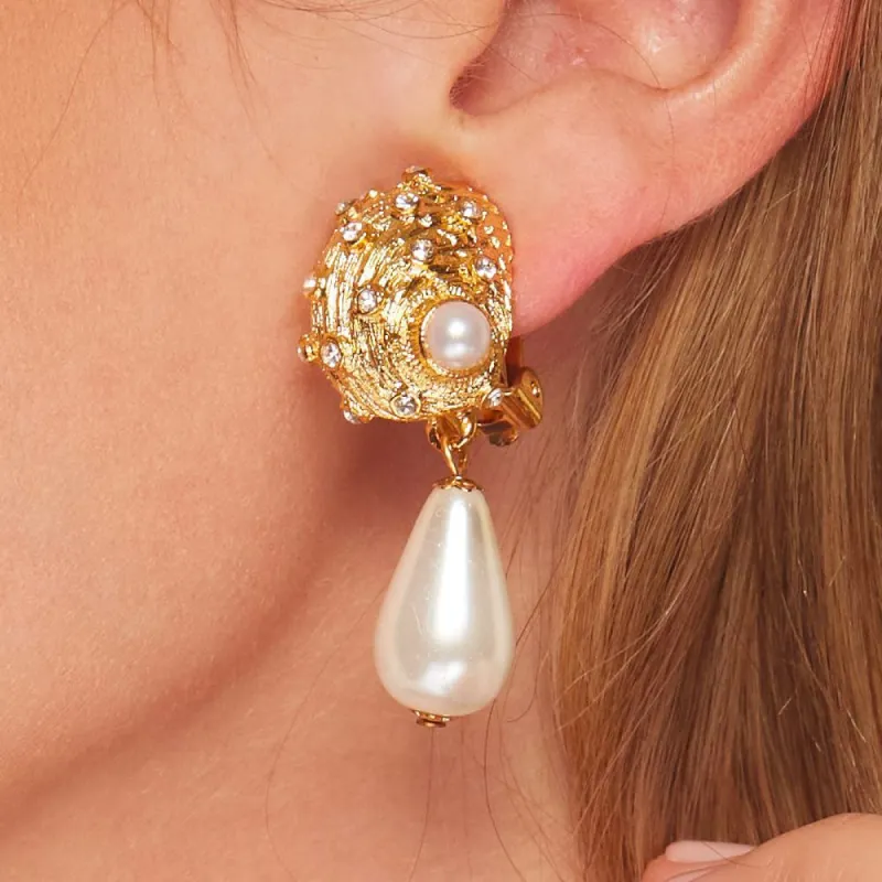 Satin Gold Pearl Drop Seashell Clip Earring sold by Kenneth Jay Lane