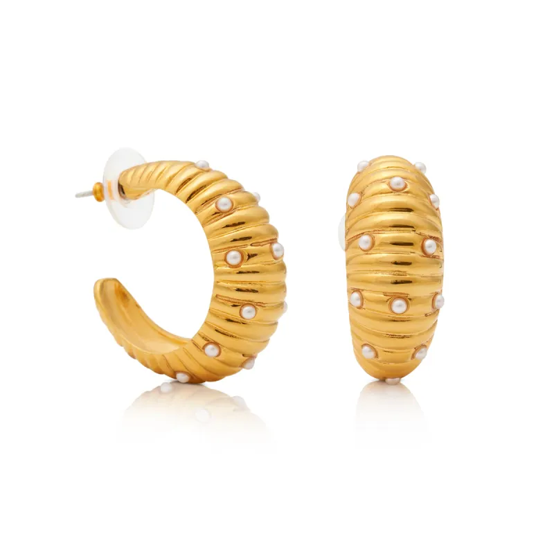 Gold and Pearl Dot Ribbed Pierced Hoop Earring sold by Kenneth Jay Lane