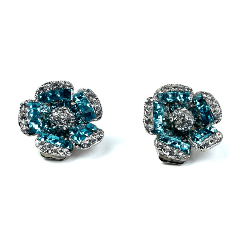 Rhinestone and Aqua Flower Clip Earrings sold by Kenneth Jay Lane