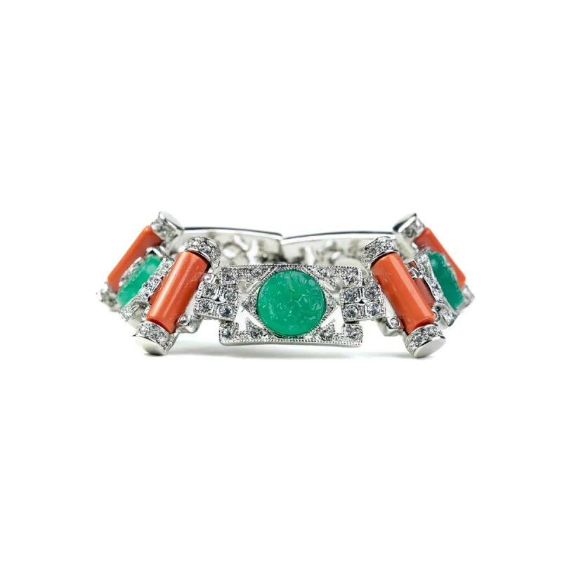 Rhodium and Rhinestone Bracelet with Coral and Jade Stones sold by Kenneth Jay Lane