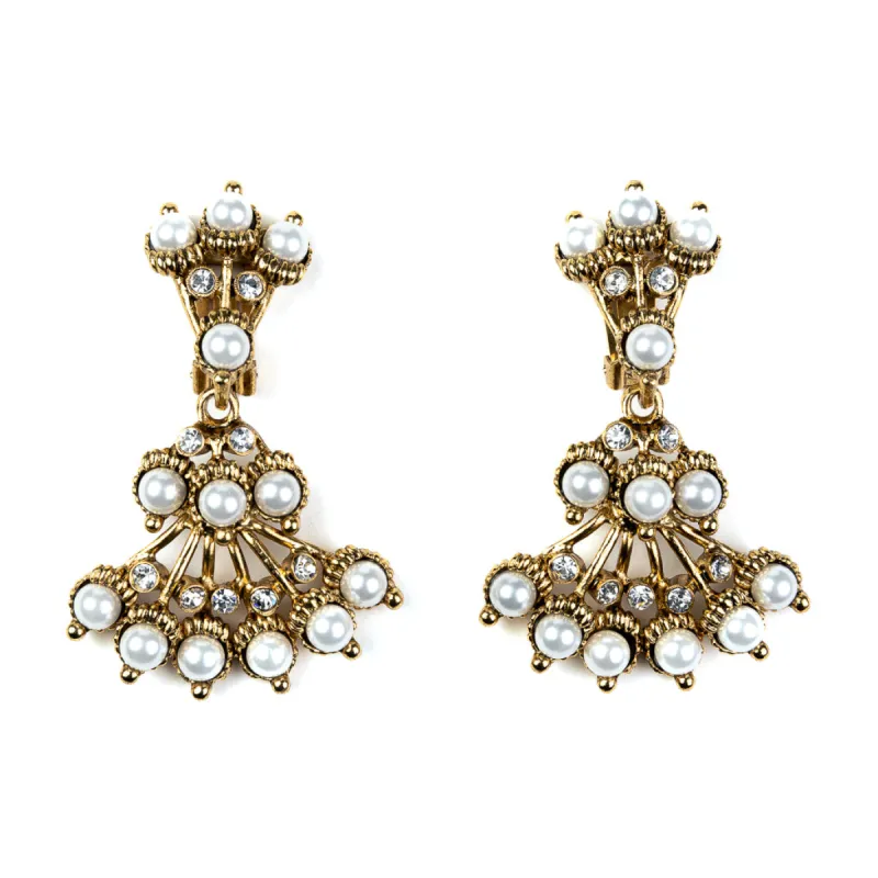 Light Antique Gold Crystal and Pearl Dot Clip Earrings sold by Kenneth Jay Lane