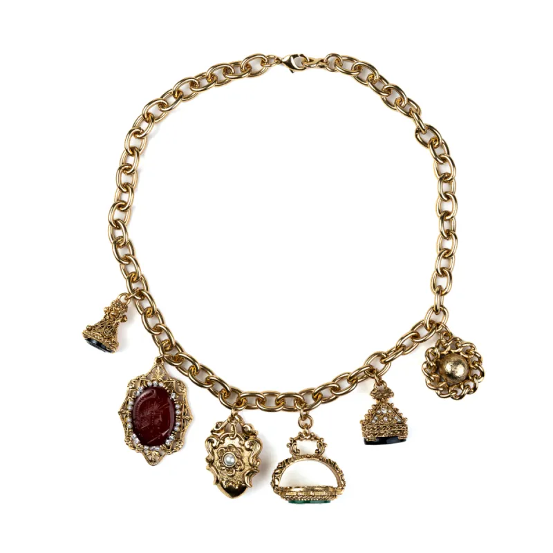 Antique Gold Chain Necklace with Multicolor Charms sold by Kenneth Jay Lane