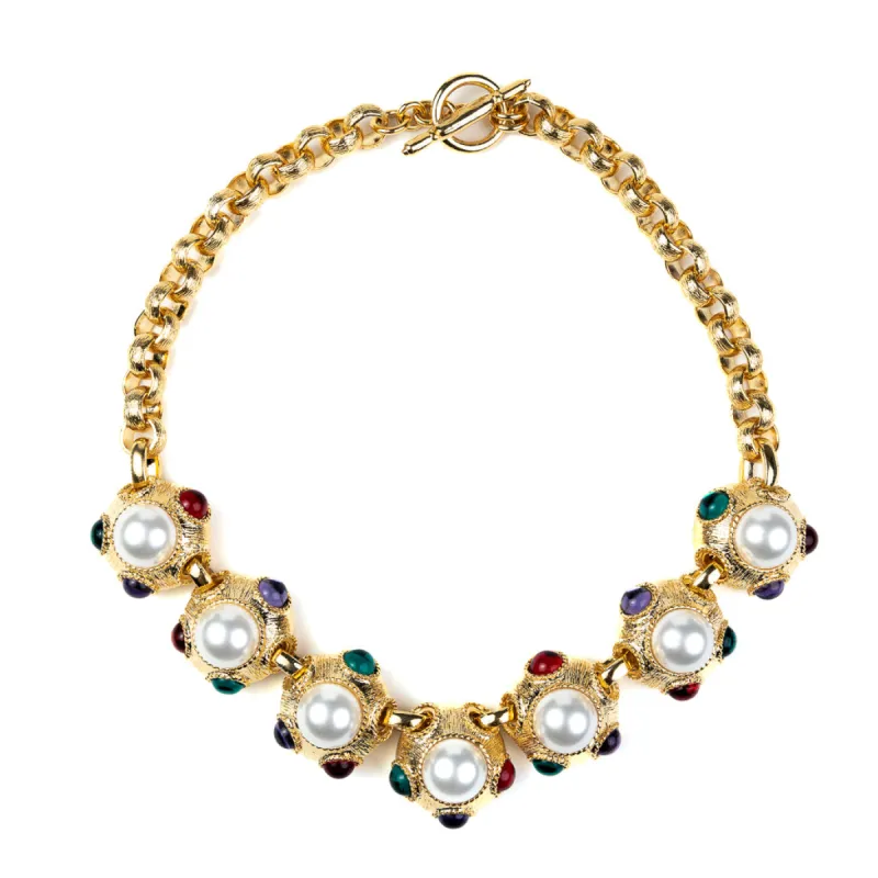 Multicolored Gemstone & Pearl Centers Necklace sold by Kenneth Jay Lane
