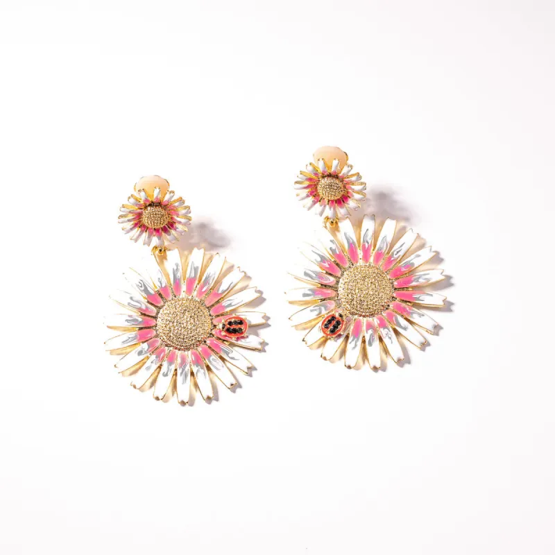 White and Pink Enamel Daisy with Ladybug Clip Earring sold by Kenneth Jay Lane