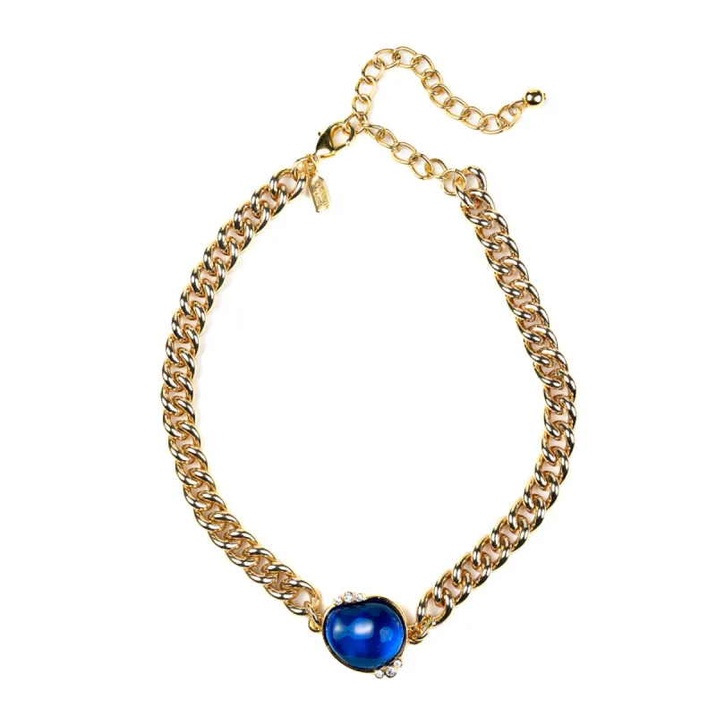 Gold Chain Extender Choker with Sapphire Nugget and Crystals sold by Kenneth Jay Lane