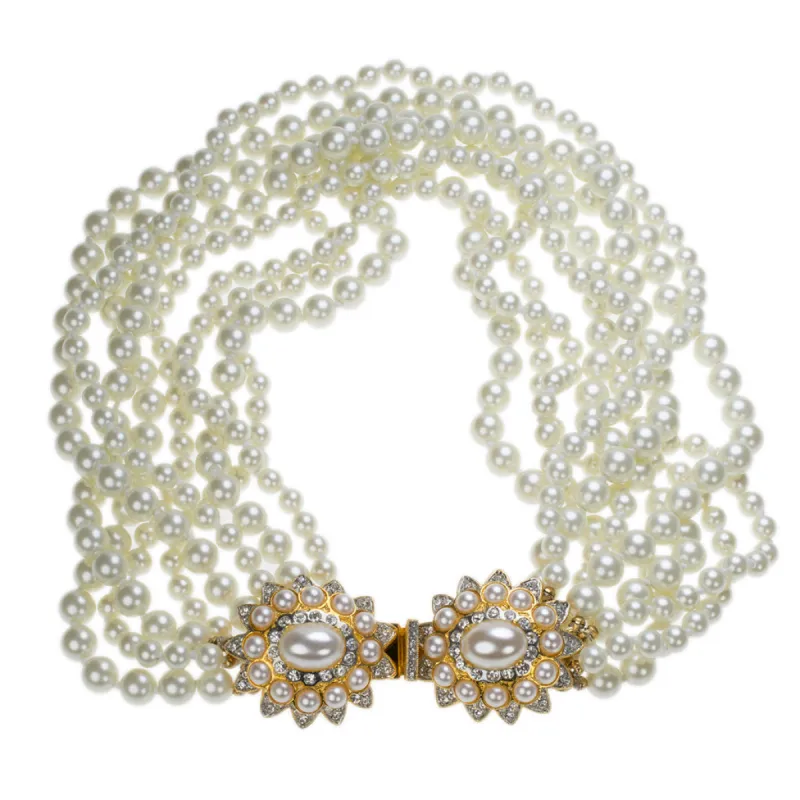White Pearl Necklace with Flower Clasp sold by Kenneth Jay Lane