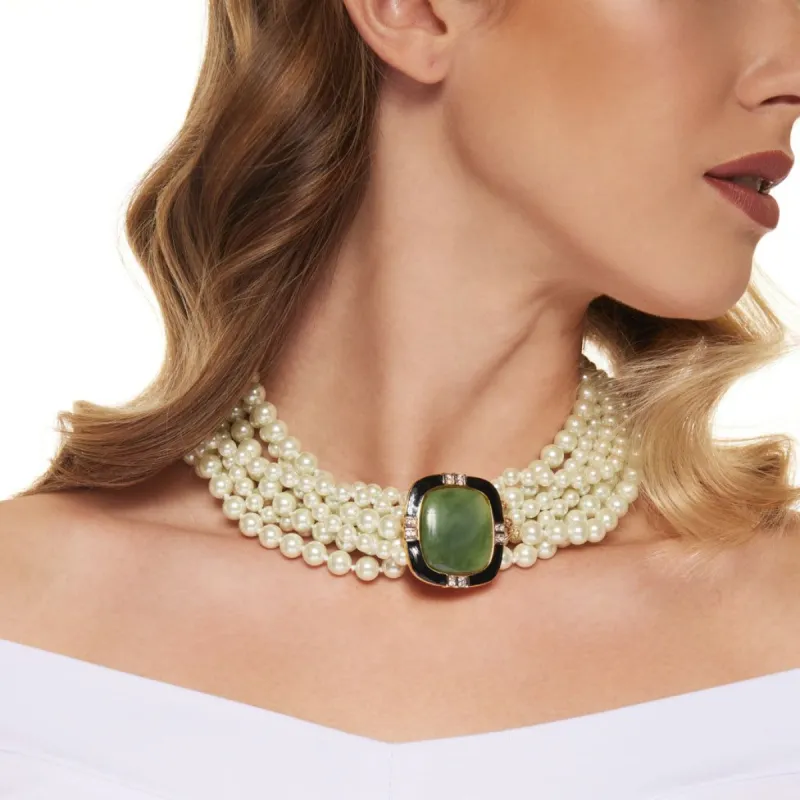 Vintage Eight Row White Pearl with Jade Center Clasp Necklace sold by Kenneth Jay Lane