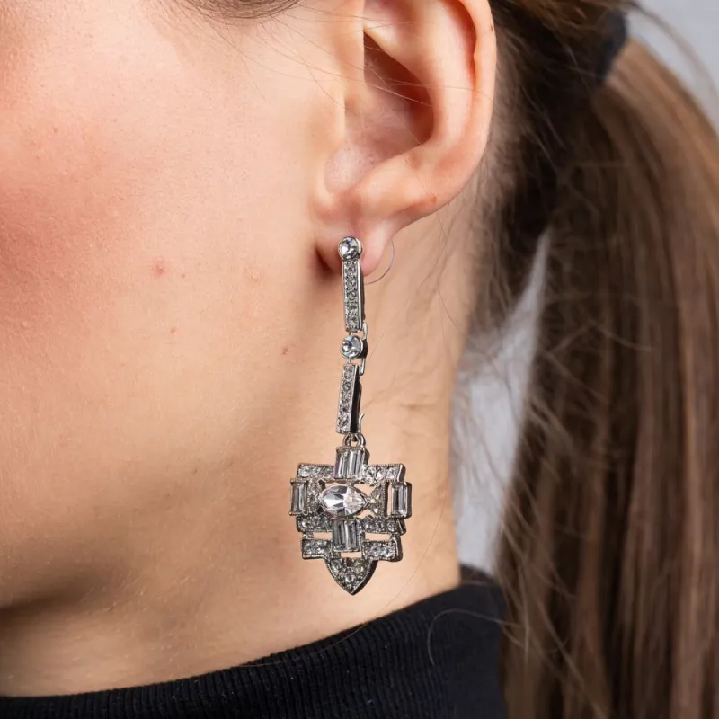 Rhodium and Rhinestone 2 Bar Deco Drop Earrings sold by Kenneth Jay Lane