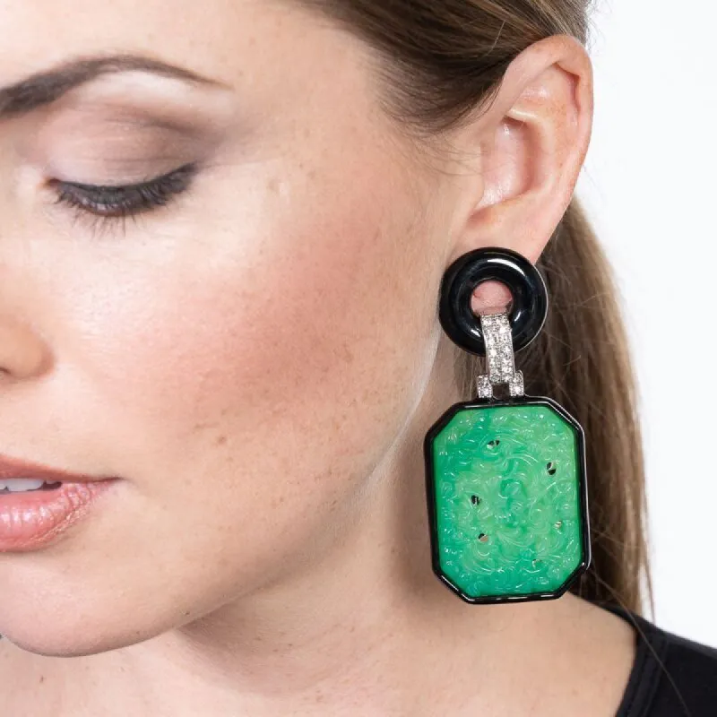 Large Jade and Black Art Deco Drop Clip Earrings sold by Kenneth Jay Lane