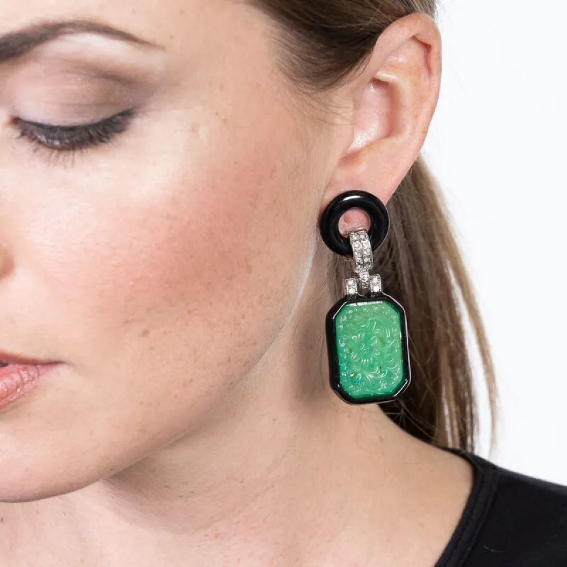 Small Jade and Black Art Deco Drop Clip Earrings sold by Kenneth Jay Lane