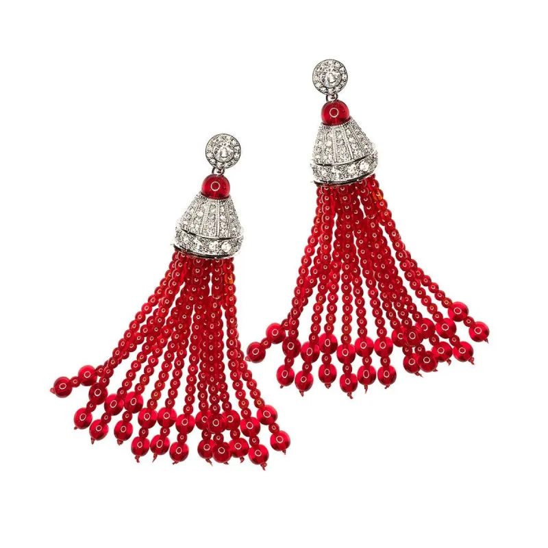 Crystal And Ruby Tassel Pierced or Clip Earrings sold by Kenneth Jay Lane