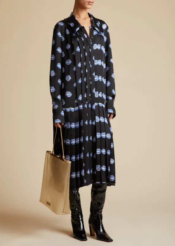 The Helli Dress in Black with Cornflower Lip Print sold by KHAITE