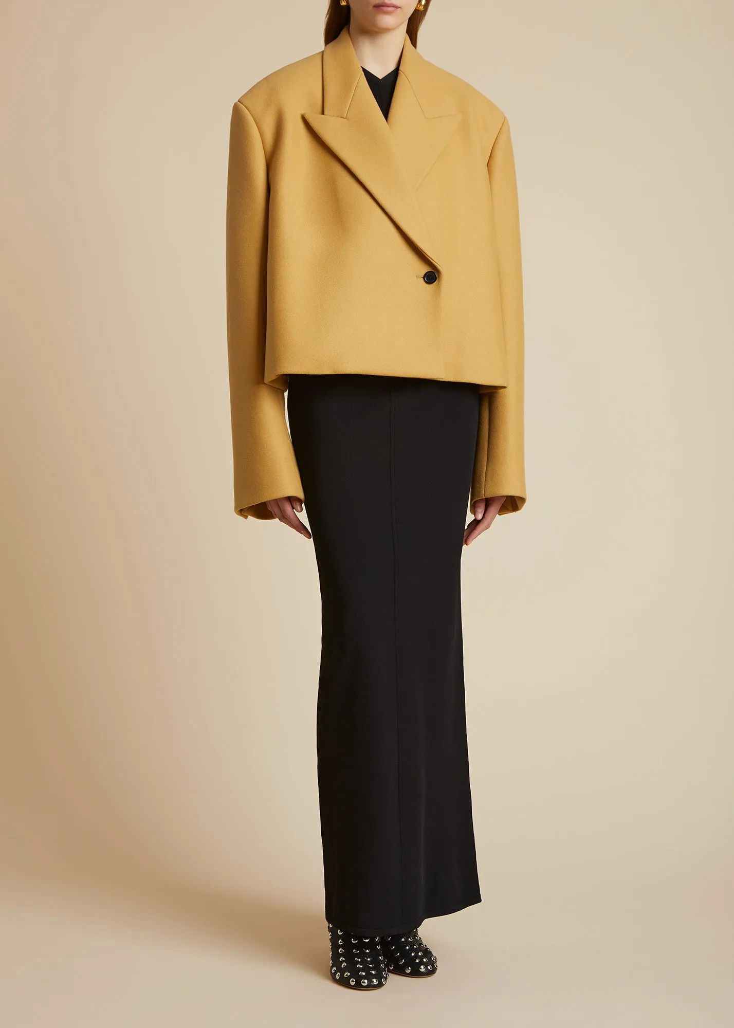 The Raymond Jacket in Camel sold by KHAITE