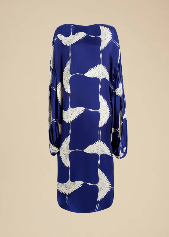 Zelma Dress in Cobalt and Cream Crane Print sold by KHAITE