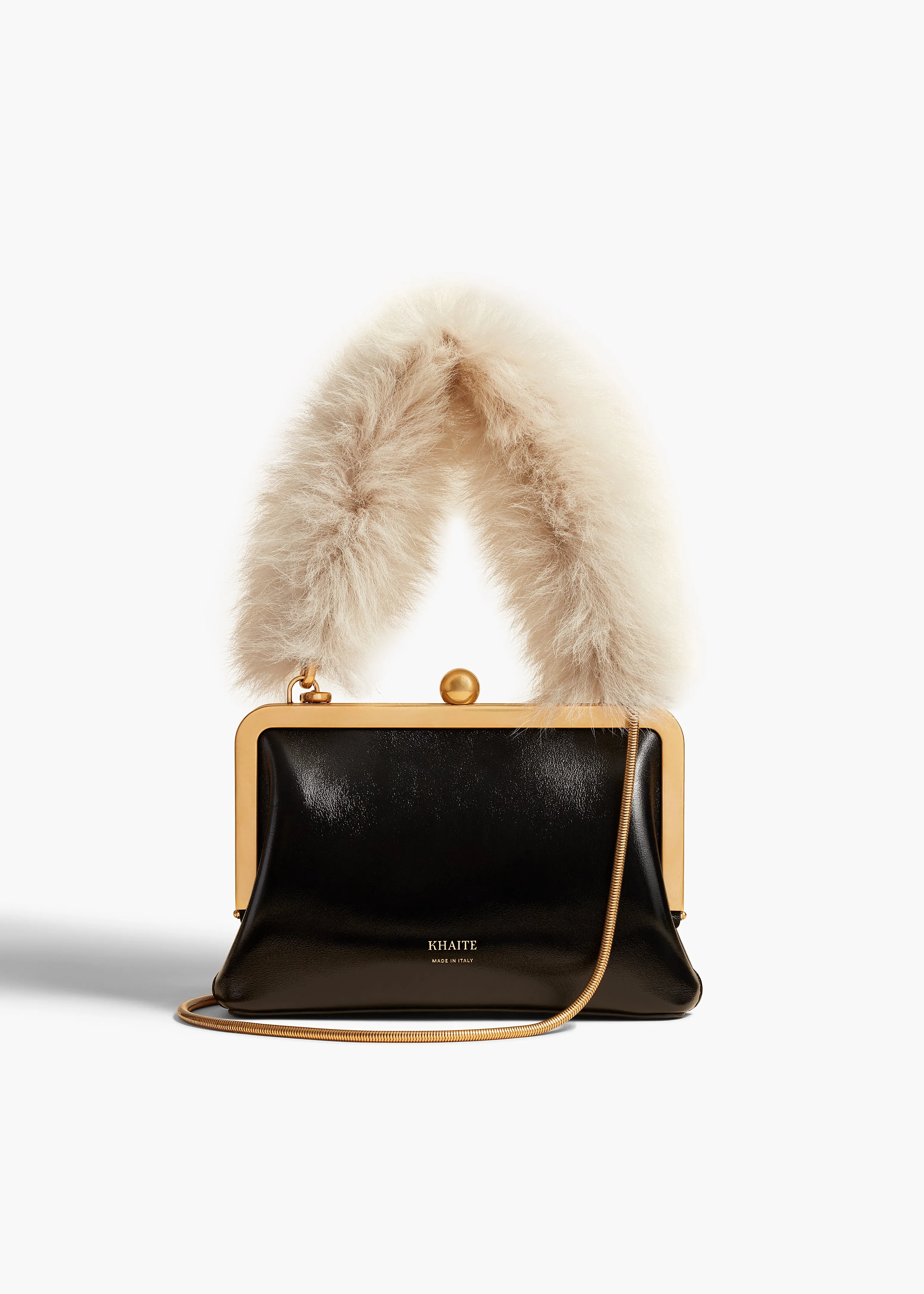 Small Lilith Evening Bag in Black Crackle Patent Leather with Shearling sold by KHAITE