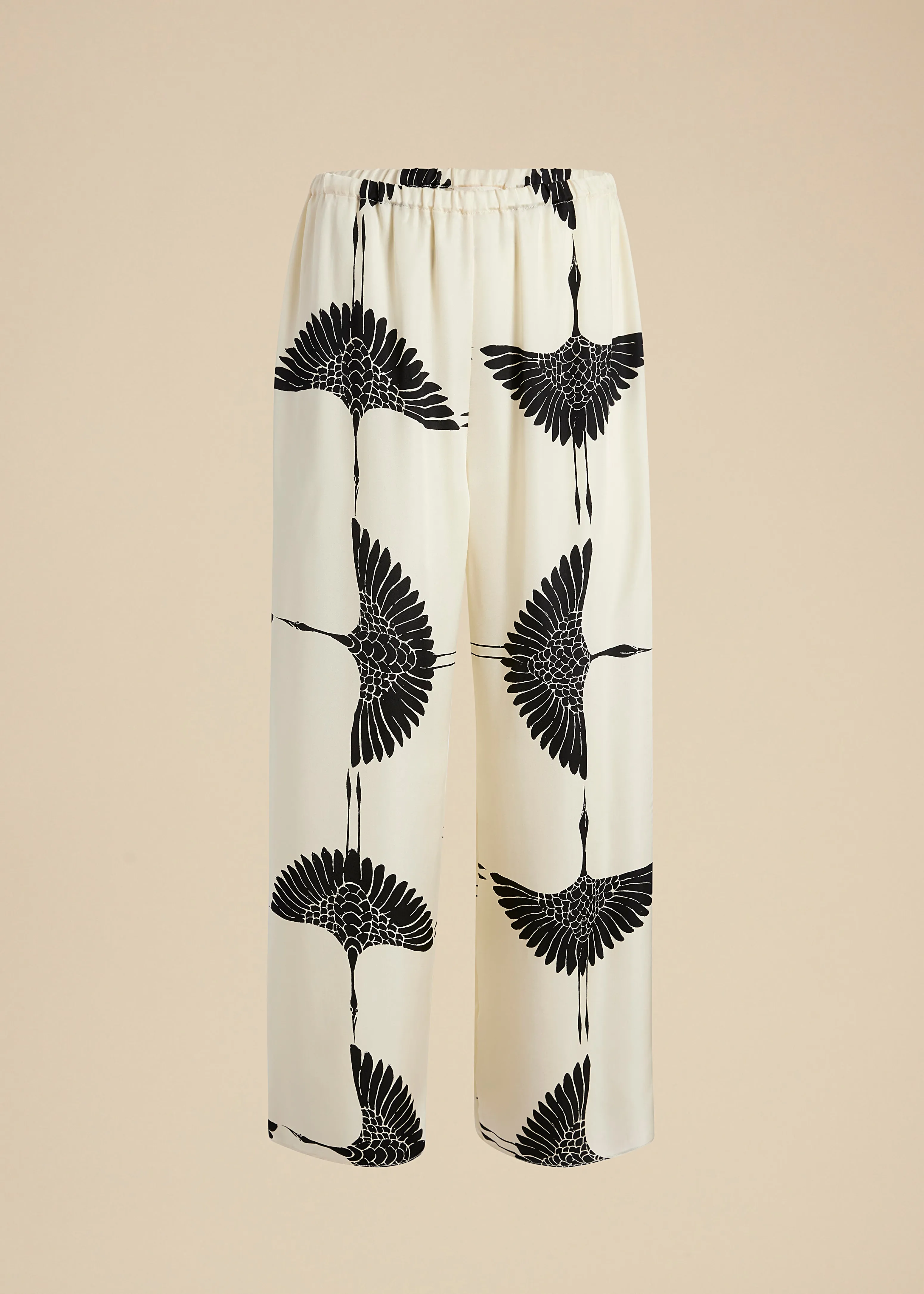 Mindy Pant in Cream and Black Crane Print sold by KHAITE