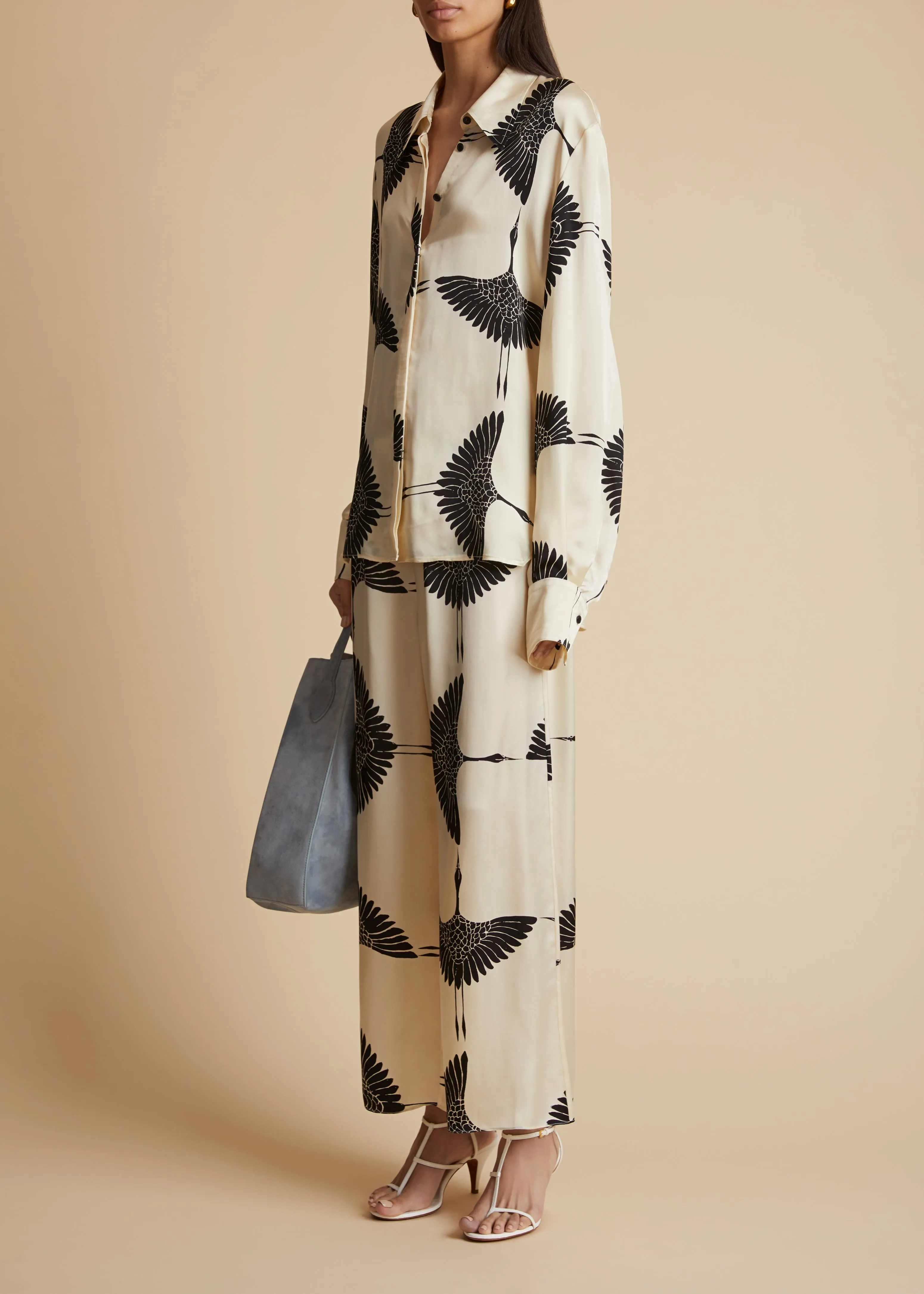 Mindy Pant in Cream and Black Crane Print sold by KHAITE product image thumbnail 2