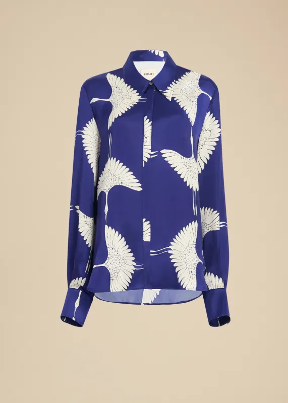 Minta Top in Cobalt and Cream Crane Print sold by KHAITE