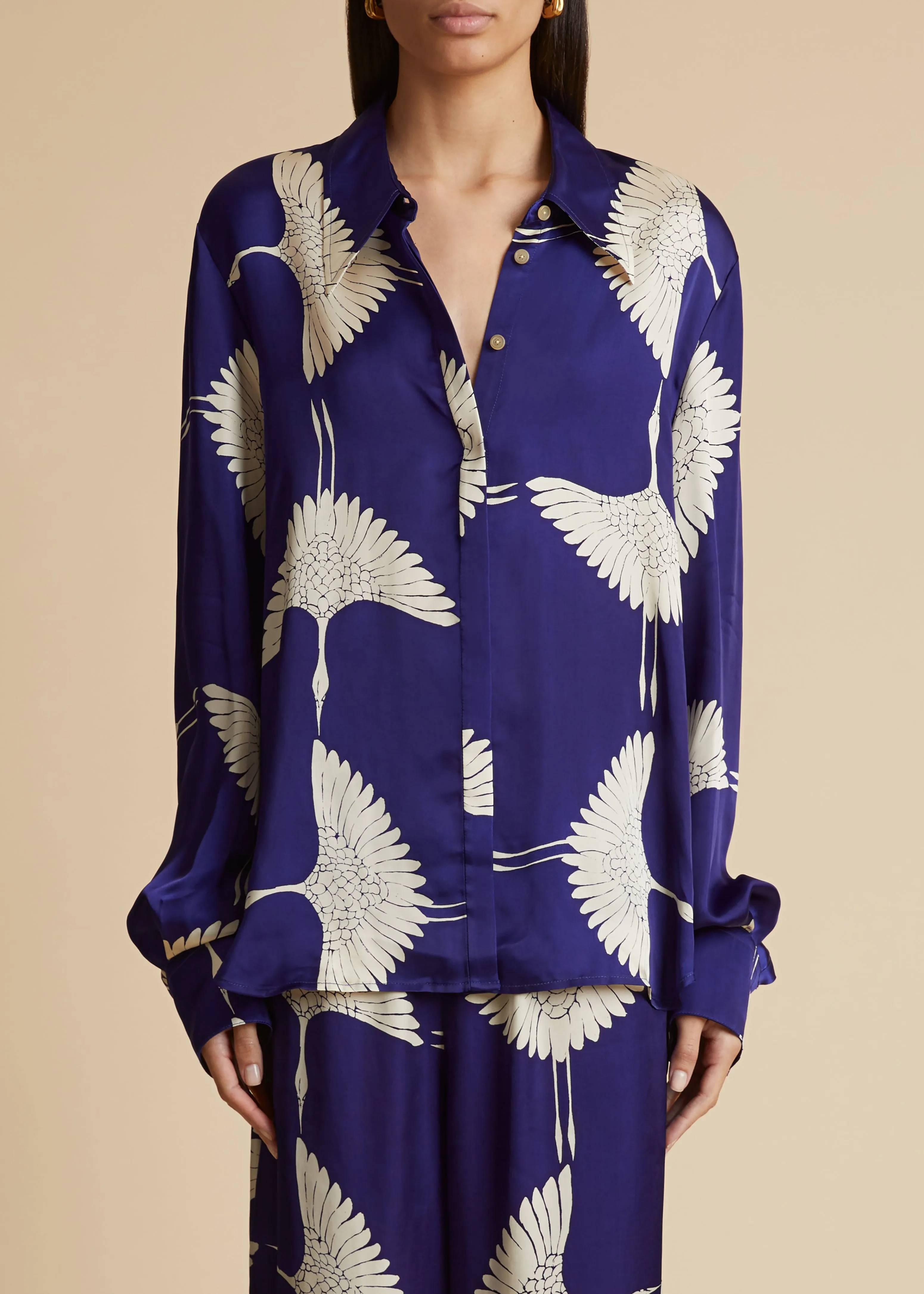 Minta Top in Cobalt and Cream Crane Print sold by KHAITE product image thumbnail 3