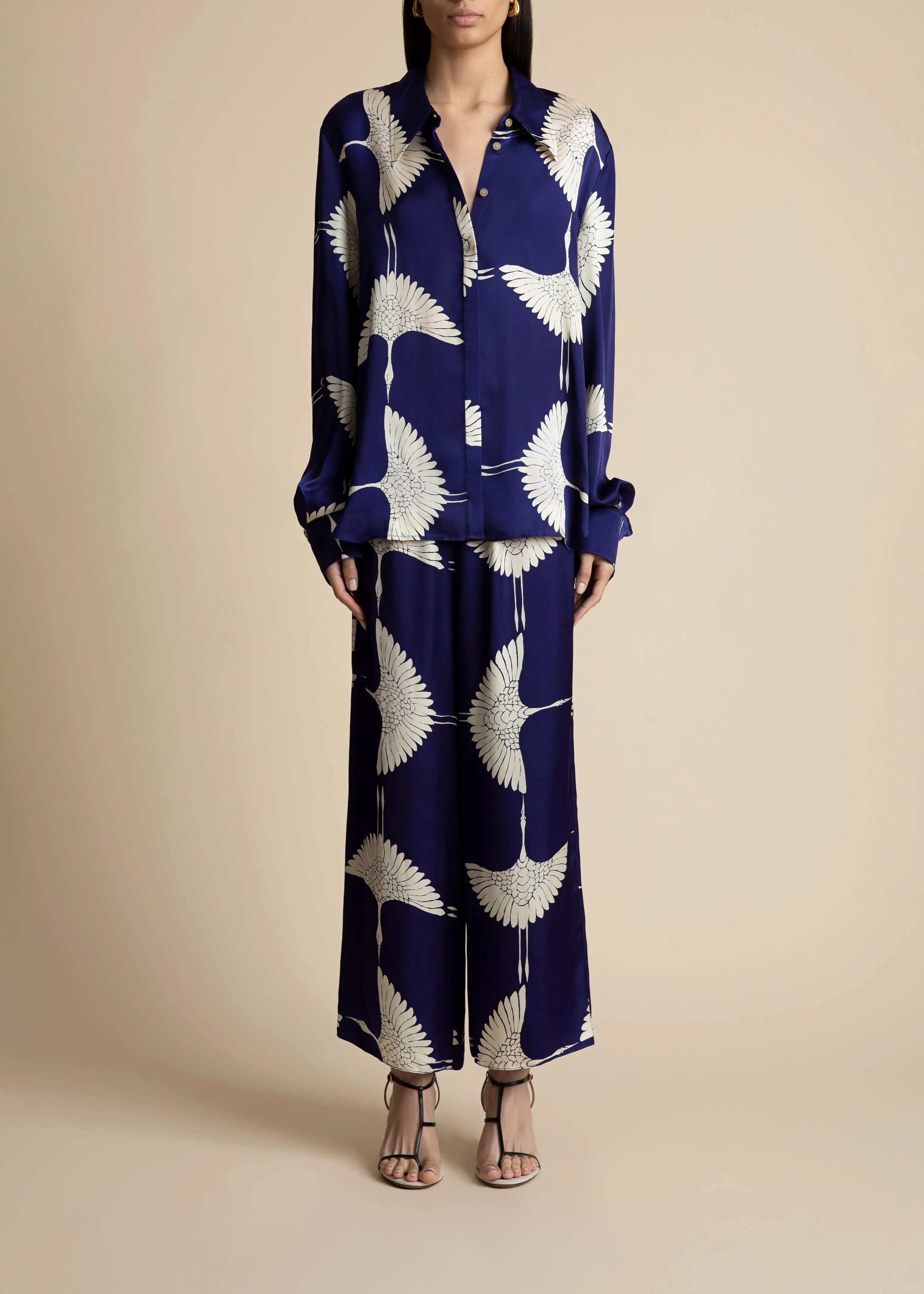Minta Top in Cobalt and Cream Crane Print sold by KHAITE product image thumbnail 2