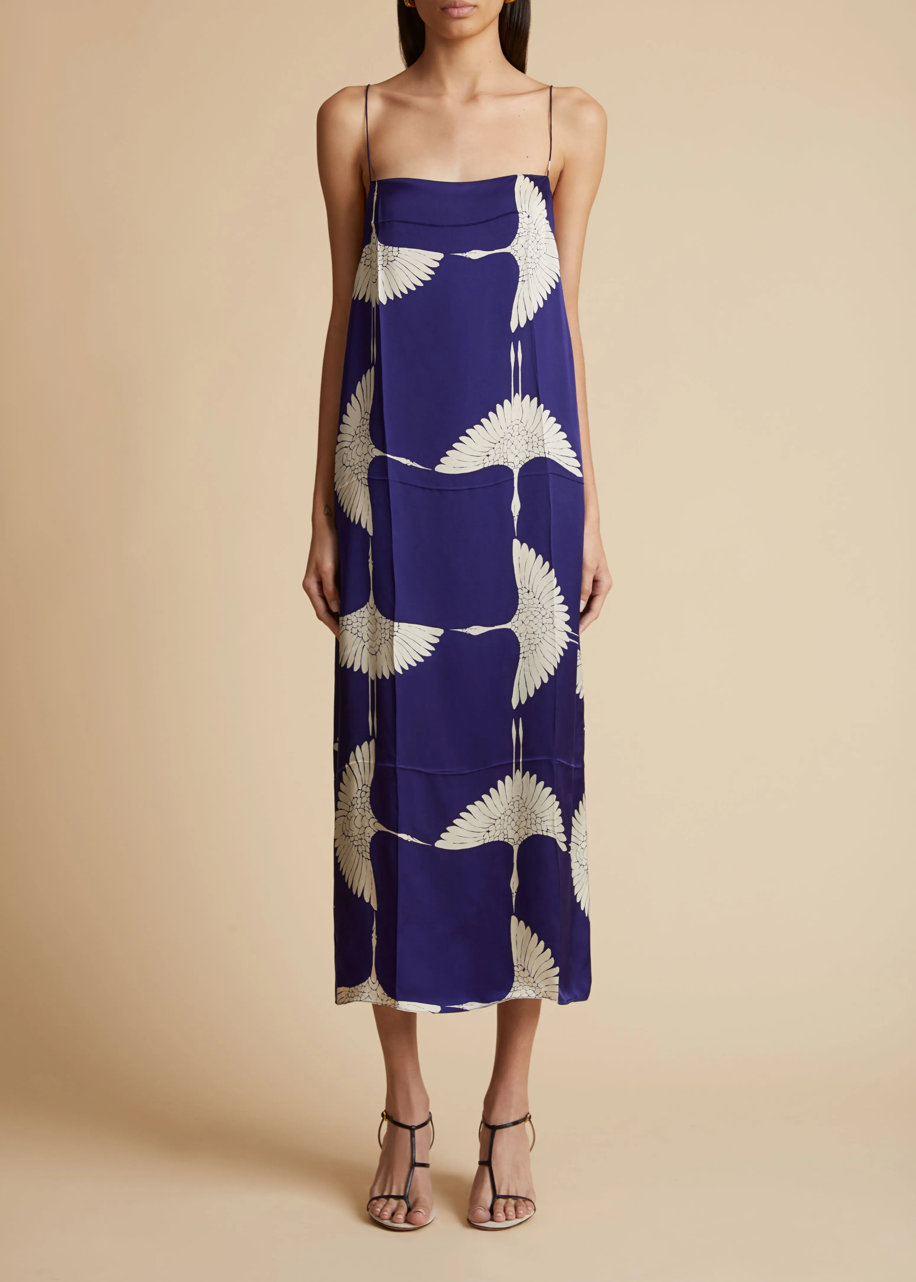 Sicily Dress in Cobalt and Cream Crane Print sold by KHAITE product image thumbnail 3