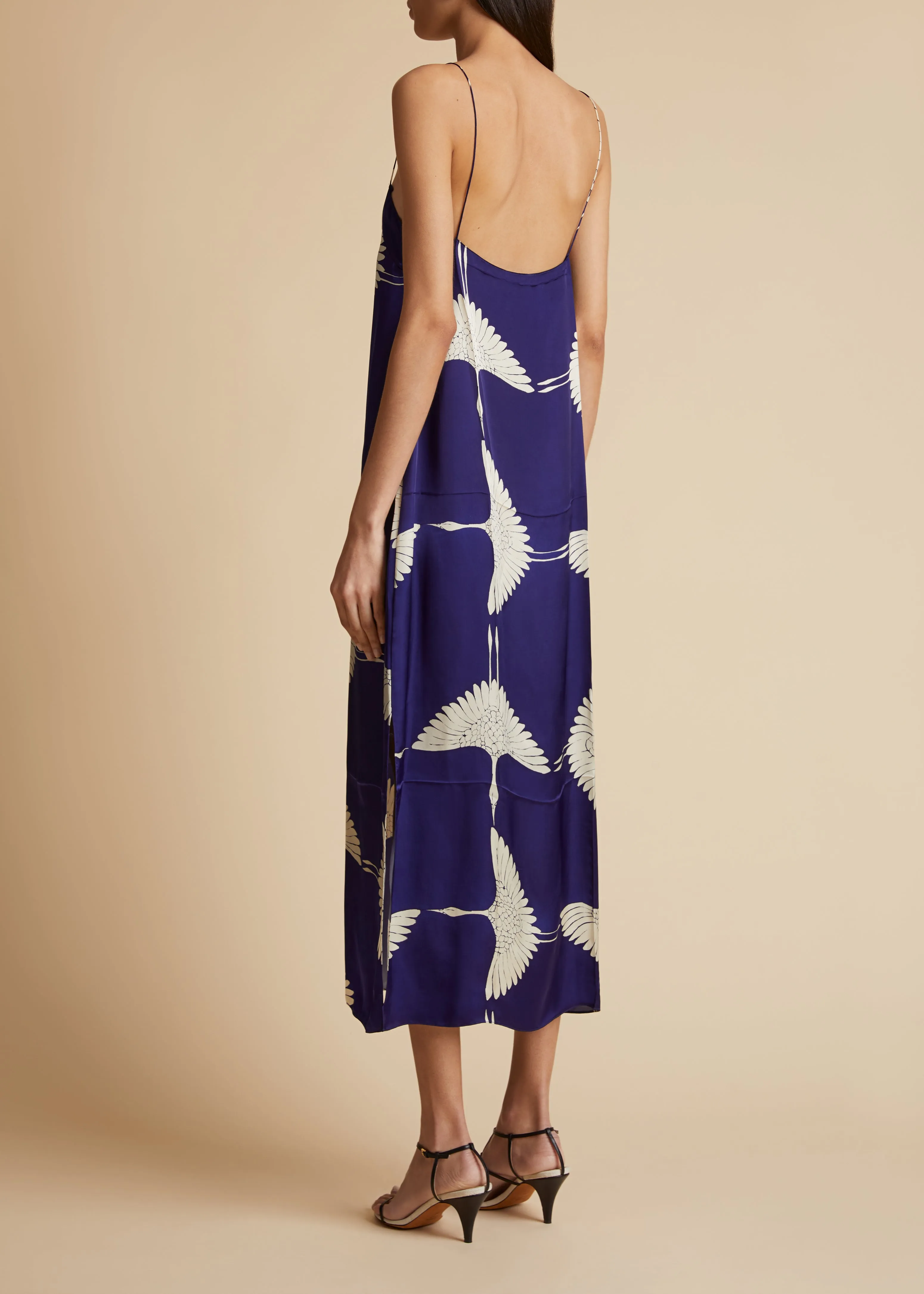 Sicily Dress in Cobalt and Cream Crane Print sold by KHAITE product image thumbnail 4