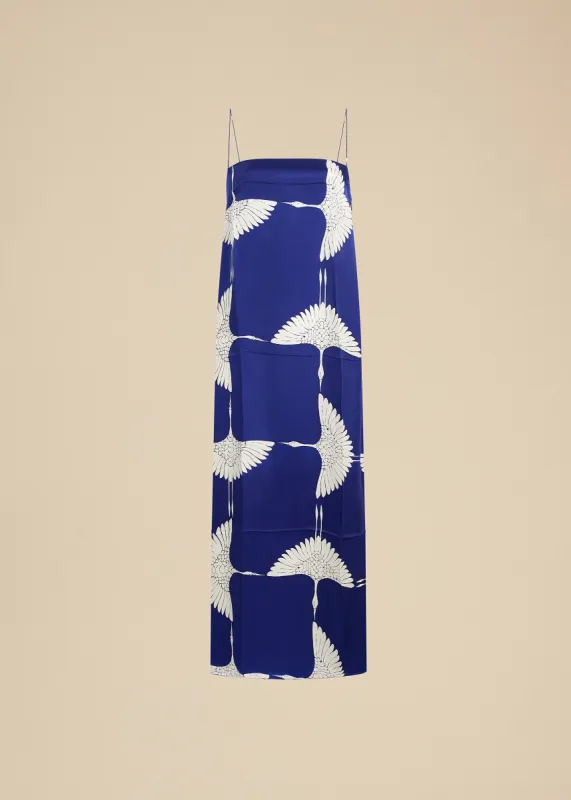 Sicily Dress in Cobalt and Cream Crane Print sold by KHAITE