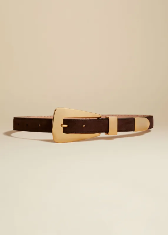 Lucca Belt in Coffee Suede with Gold sold by KHAITE