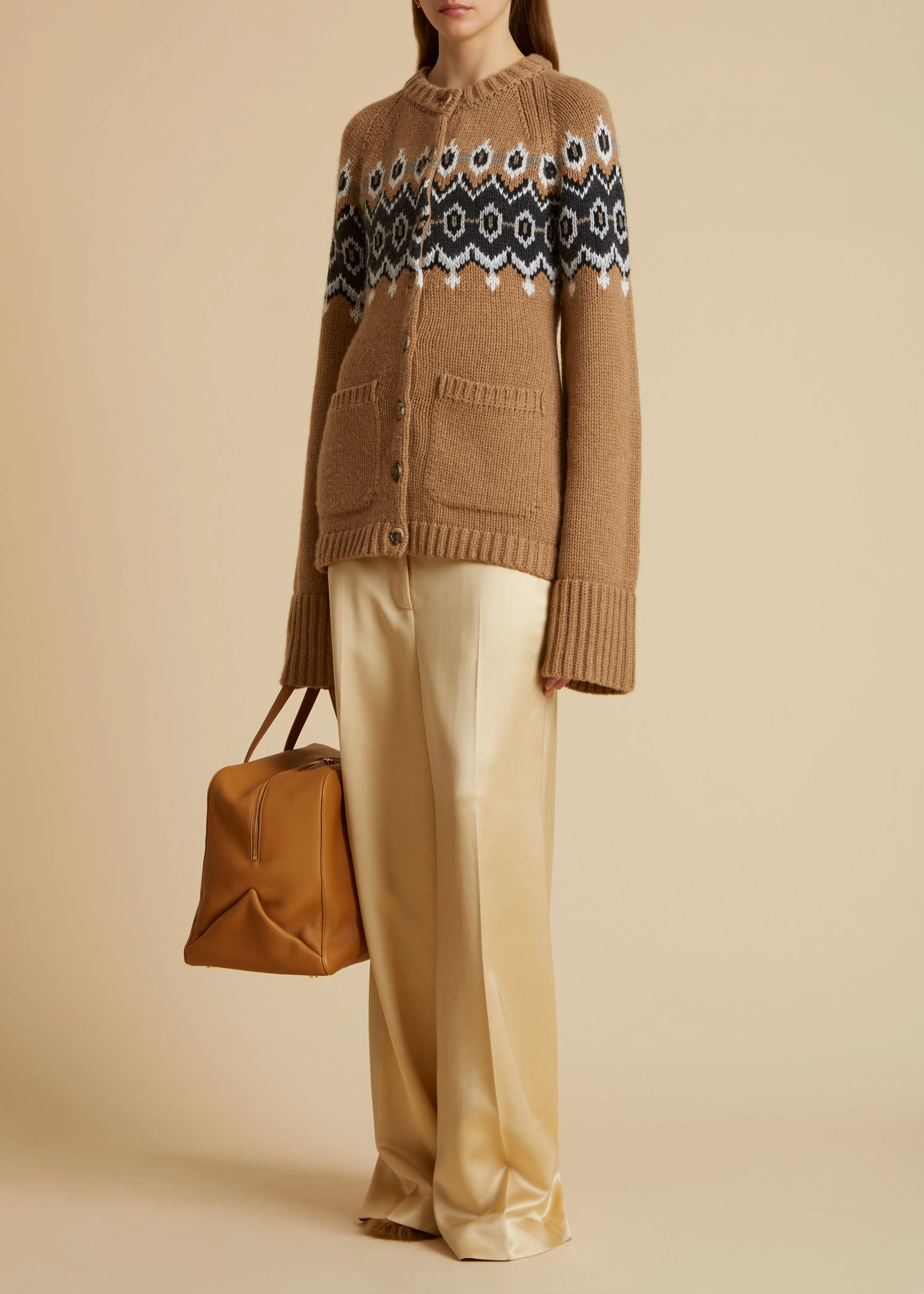 The Suzette Cardigan in Camel Multi sold by KHAITE