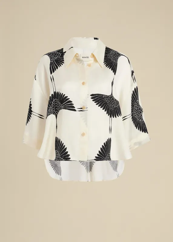 Mahsha Top in Cream and Black Crane Print sold by KHAITE