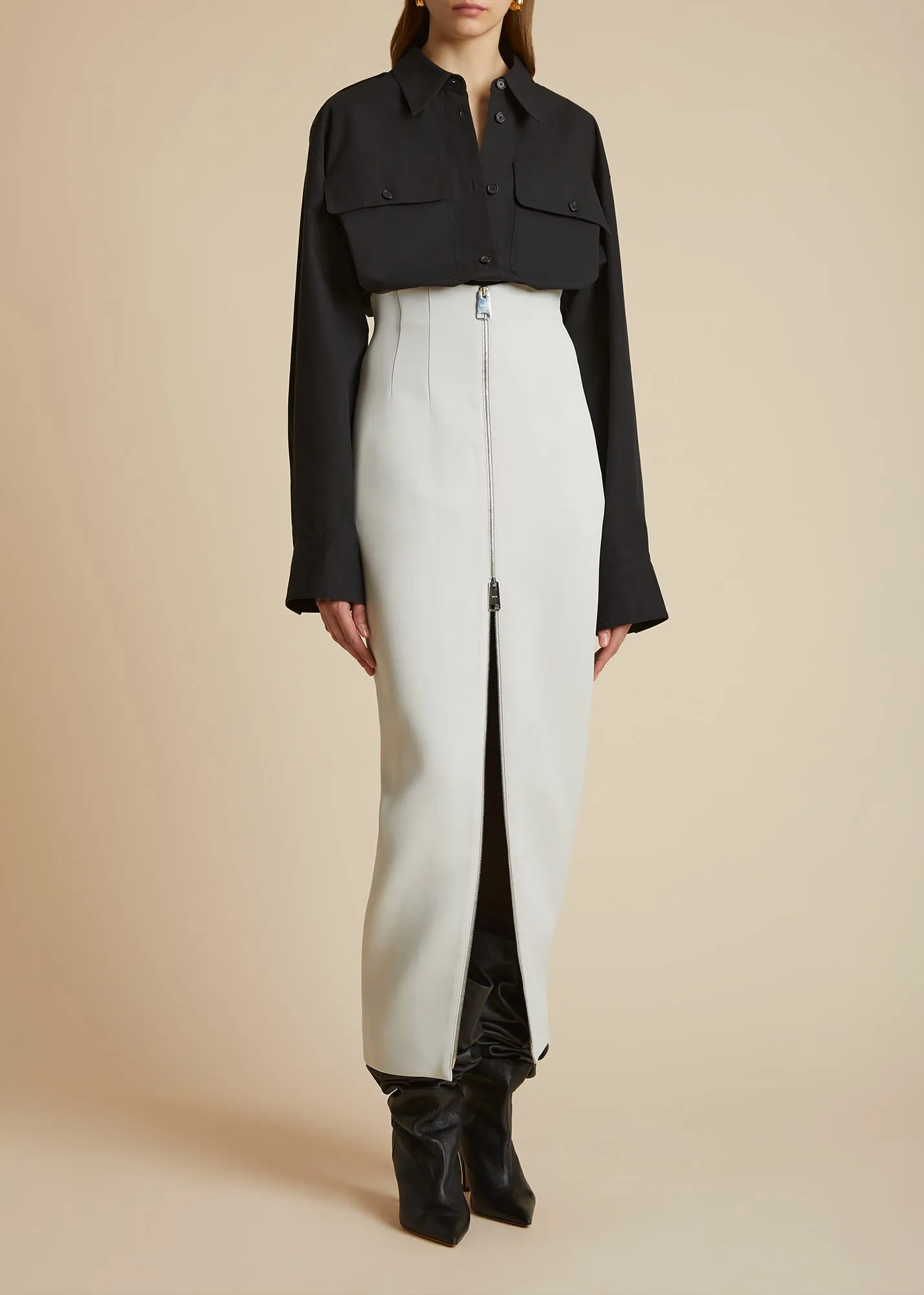 The Ruddy Skirt in Nimbus sold by KHAITE