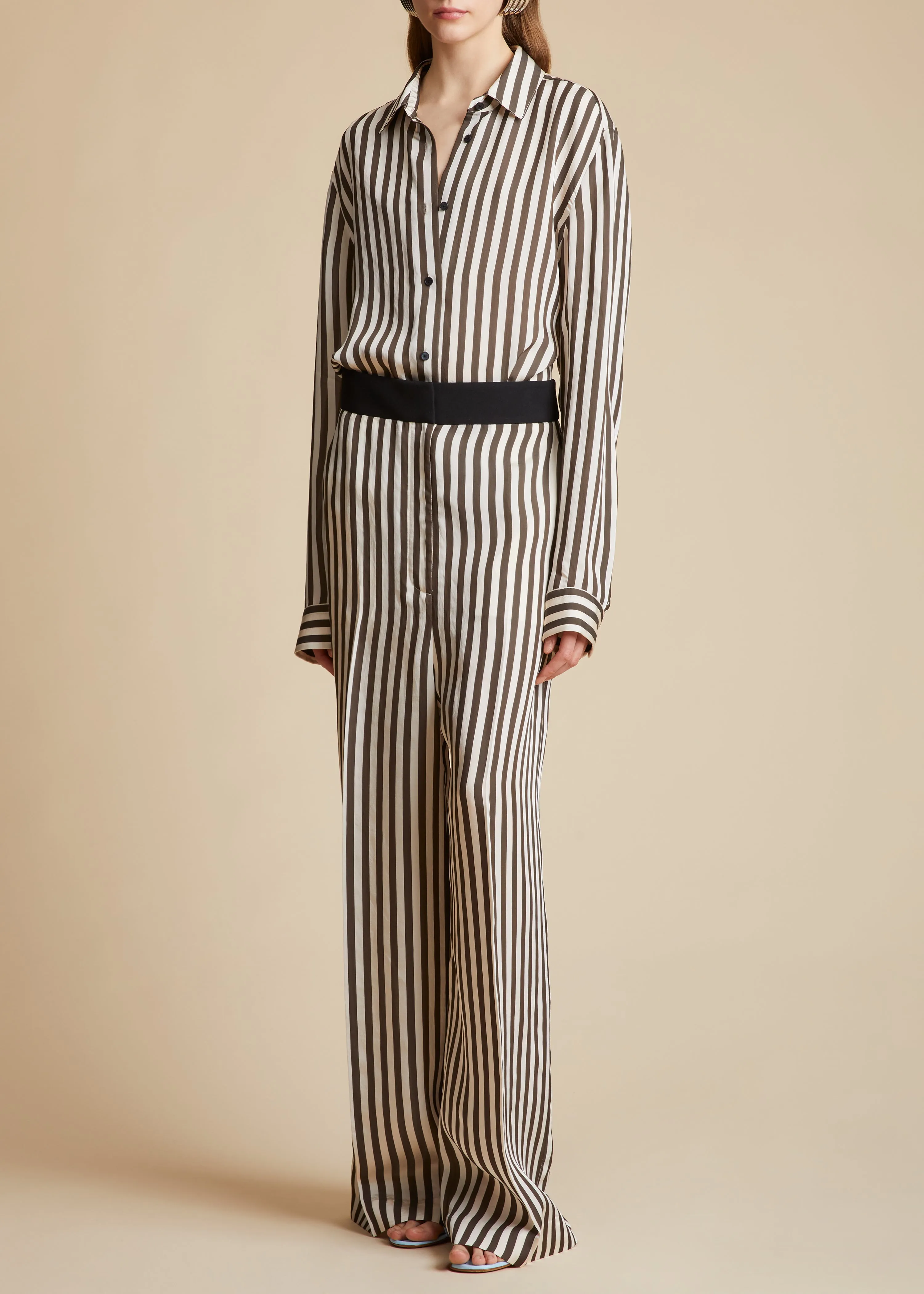 The Banton Pant in Ivory with Dark Brown Stripes sold by KHAITE