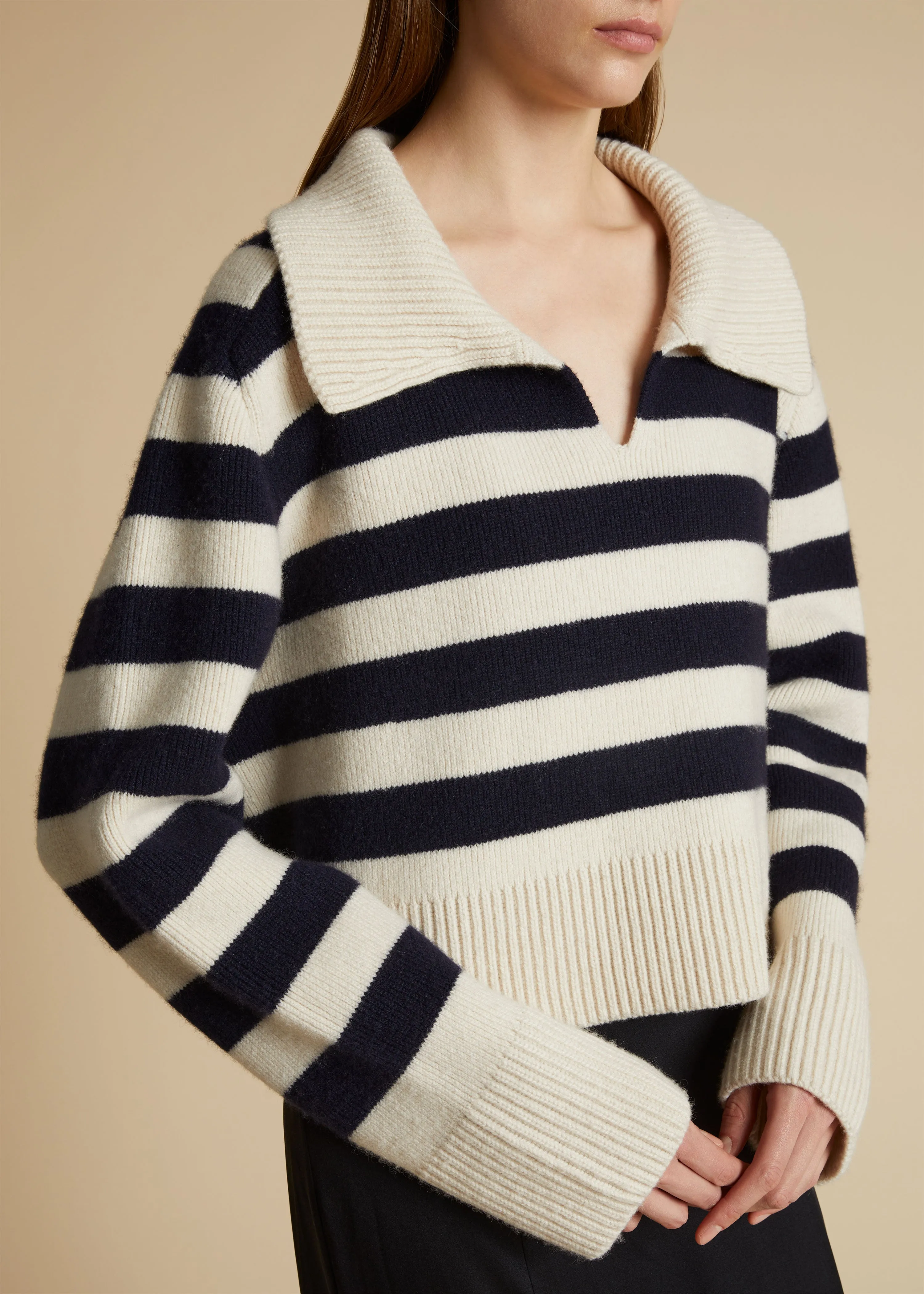 The Franklin Sweater in Magnolia with Navy Stripes sold by KHAITE product image thumbnail 4
